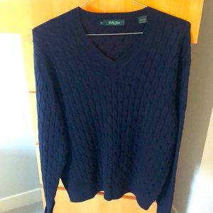 Mens Bobby Jones Navy cotton v-neck cableknit sweater